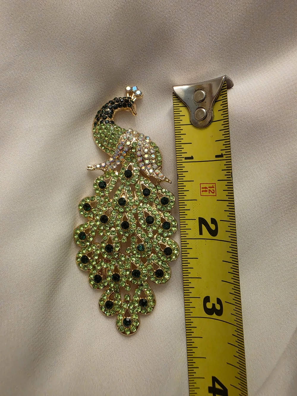 Vintage Style Art Deco Green Peacock Brooch Pin Gold Tone Rhinestone Bird